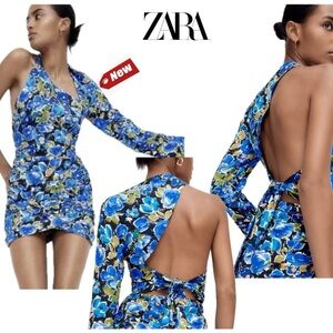 Zara blue floral flower one shoulder long sleeve cutout back tie blouse XS NWT